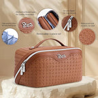 BOYATU Travel Makeup Bag Cosmetic Bags for Women: Large Capacity 3 Pcs Set Make up Bag with Compartments - Waterproof Vegan Leather Toiletry Organizer Bags with Handle (L53Brown)