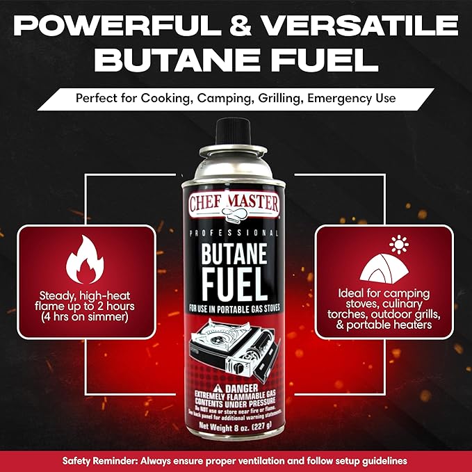 Chef Master 24x 8oz Butane Fuel Canister - Butane Fuel for Camping Stove & Kitchen Torch - Gas Canister for Picnics, Outdoor Cooking, Grilling - Camping Stove, Torch Fuel Camping Essentials - 90340
