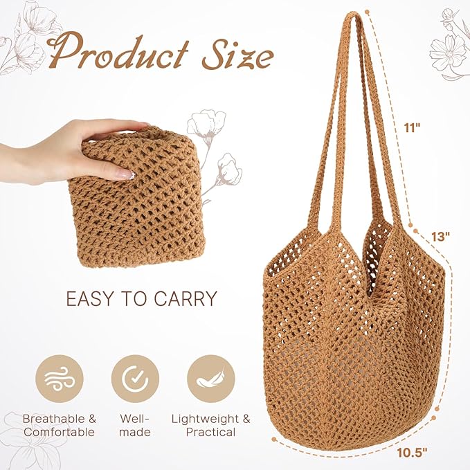 Tavaleu Crochet Tote Beach Bags for Women, Mesh Beach Tote Knit Bag, Summer Vacation Aesthetic Boho Hobo Shoulder Bag