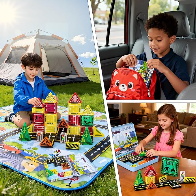 Magnetic Tiles,42PCS Magnetic Building Blocks with Metal Storage Box,Magnetic Tiles for Kids Ages 3+,Magnet Tiles for Boys & Girls (Road)
