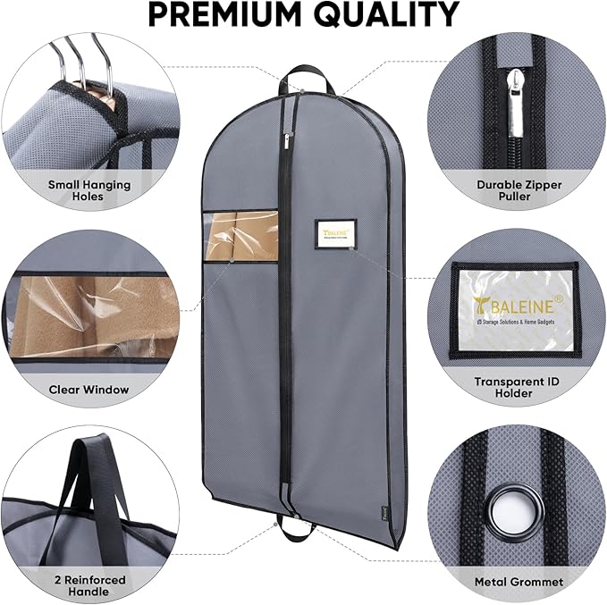 BALEINE 2PK Heavy Duty Garment Bag with Shoe Storage Travel Bag for Dresses, Suit, Coats Travel Essential (54", Grey)