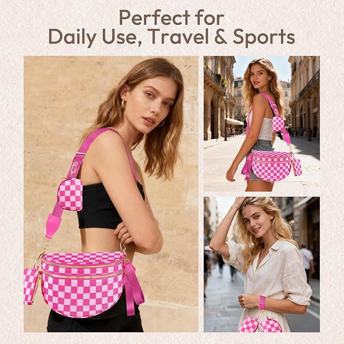 Cross Body Bag for Women Checkered Crossbody Bags Bum Bags for Women Fanny Packs for Girls Small Nylon Checkered Purse Trendy Shoulder Bag (Checkered Rose, One Size)