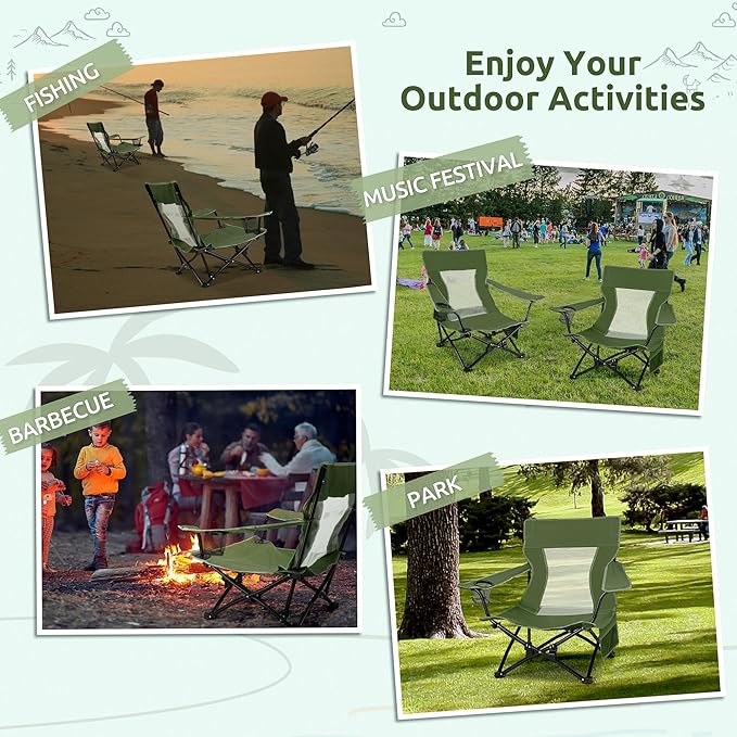 HaSteeL Folding Beach Chair Set of 2, Foldable Green Camping Chairs for Outside, Low Beach Chair Portable for Adults Fishing, Picnic, Outdoor BBQ, Travel, Sports, Cup Holder & Storage Bag
