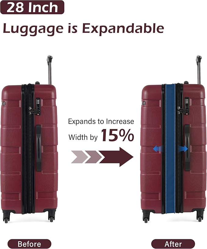 Coolife Luggage Set 3 Piece Hardside PC+ABS Suitcase with TSA Lock, Expandable Large Checked Luggage, Lightweight Rolling Carry On with Spinner Wheels(20/24/28 Inch, Radiant Pink)