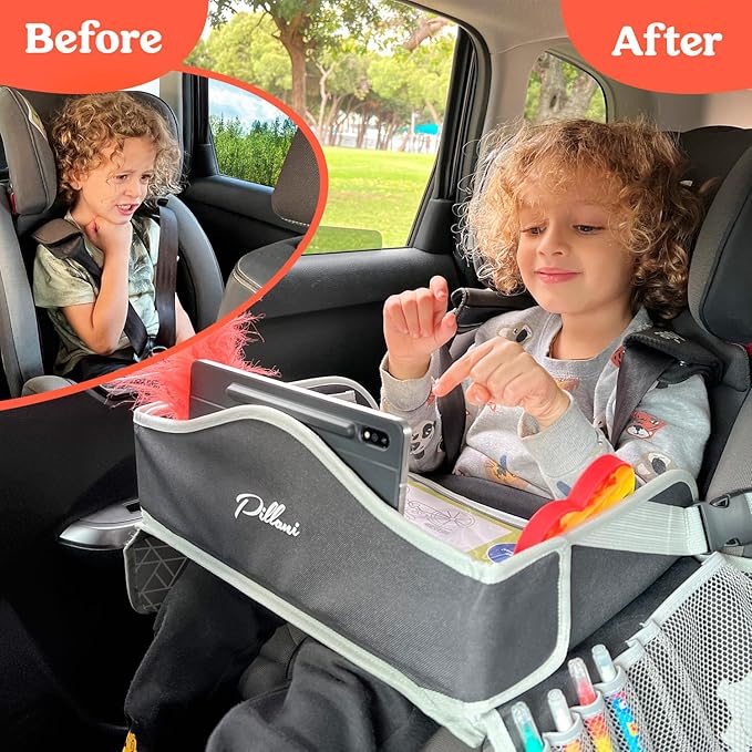 PILLANI Kids Travel Tray for Car - Car Seat Tray for Toddler - Road Trip Essentials Kids w/ iPad Holder Stand, Carseat Table Tray for Kids Road Trip Activities, Toddler Lap Desk Organizer for Airplane