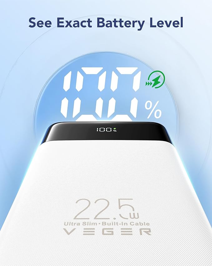VEGER Portable Charger, Ultra Slim 22.5W Fast Charging with Built in Cable, Flight-Safe 10000mAh USB C Power Bank Battery Pack, Travel Essential Phone Powerbank for iPhone 17 16 Samsung S25 Google etc