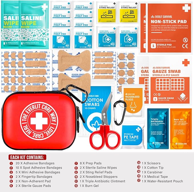EVERLIT CARE Mini-Aid First Aid Kit | Compact & Lightweight Case with Carabiners for Travel | Family & Kid Friendly 180 Pcs Wound Care Supplies for School, Work, Outdoor, Home & Office | Pack of 3