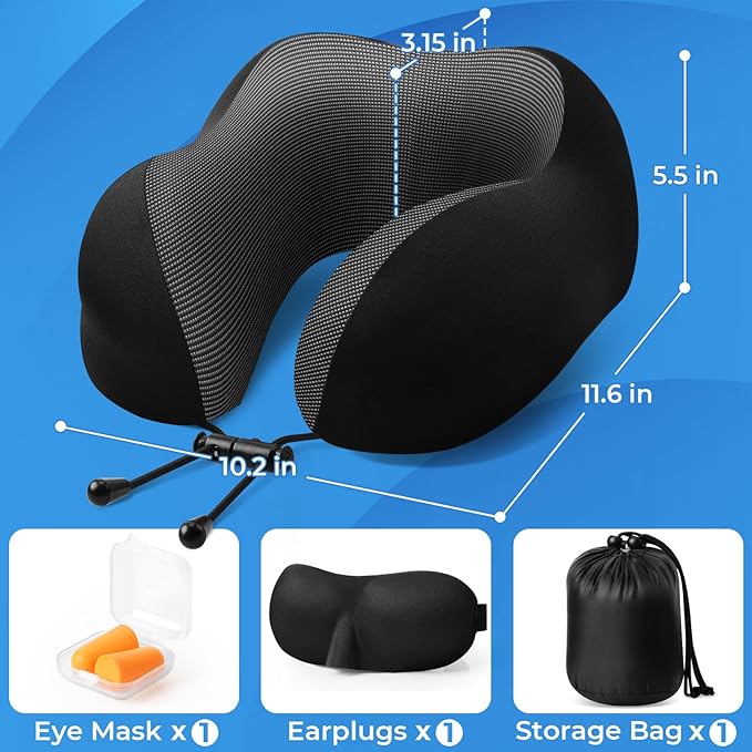 ExploreBliss Travel Pillow, 2 Pack Travel Pillows for Sleeping Airplane, Neck Pillow Airplane, Memory Foam Neck Pillow Set with Eye Mask, Earplugs and Storage Bag -Black & Pink