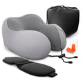 Plane Neck Pillow for Long Flights – 4-in-1 Set | Adjustable 100% Memory Foam Gray Airplane Pillow Neck Support, 3D Eye Mask, Earplugs, & Soft Washable Cotton Cover, Button Closure – Comfort Traveling