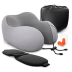 Plane Neck Pillow for Long Flights – 4-in-1 Set | Adjustable 100% Memory Foam Gray Airplane Pillow Neck Support, 3D Eye Mask, Earplugs, & Soft Washable Cotton Cover, Button Closure – Comfort Traveling