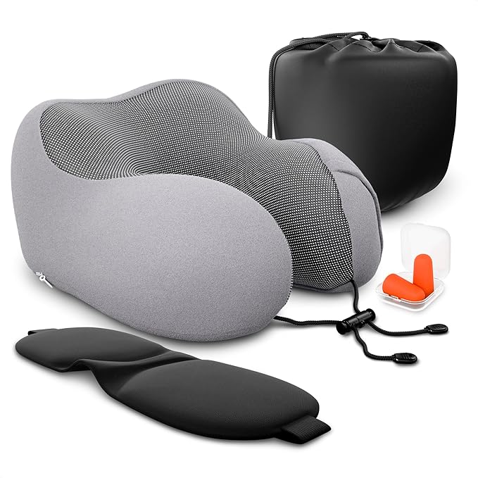 Plane Neck Pillow for Long Flights – 4-in-1 Set | Adjustable 100% Memory Foam Gray Airplane Pillow Neck Support, 3D Eye Mask, Earplugs, & Soft Washable Cotton Cover, Button Closure – Comfort Traveling