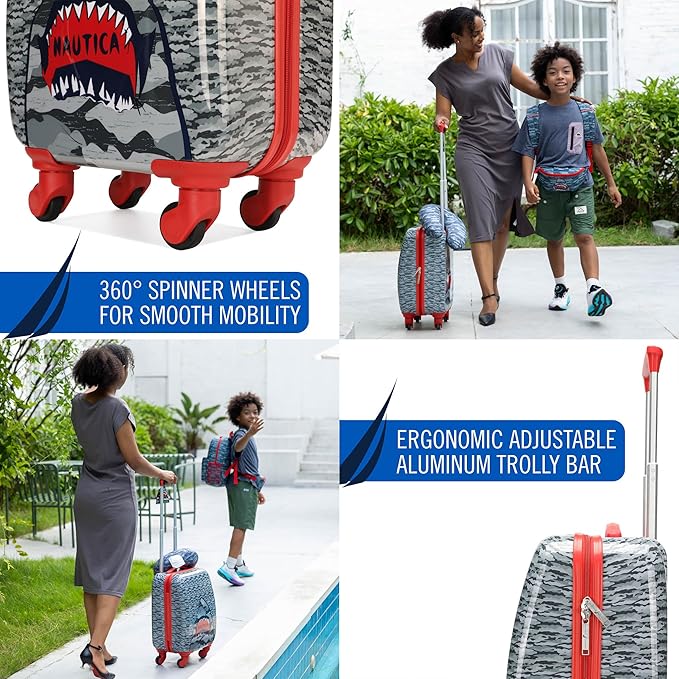 Nautica Kids Luggage - 18" Airline Approved Rolling Hardside Upright Carry-on Suitcase Set with Wheels (Shark Attack | 5pc Travel Set)
