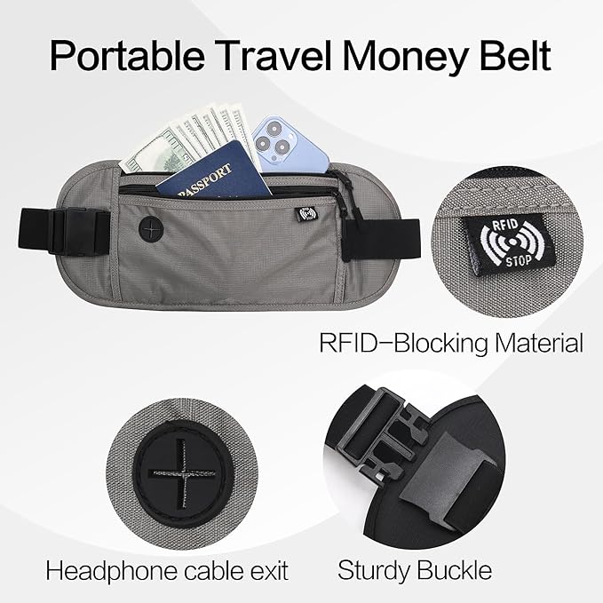 TRAVELSAFE Slim RFID Blocking Money Belt for Travel - Anti-Theft Hidden Passport Holder Waist Wallet with Secure Pouch for Cash, Credit Cards & Phone Safe (B-Grey)