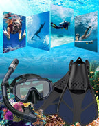 Ubekezele Snorkeling Gear for Adults Men Women,4 in 1 Snorkel Set with Panoramic View Diving Mask Anti-Fog Anti-Leak,Dry Top Snorkel,Fins and Travel Bag for Swimming,Snorkeling and Travel Diving