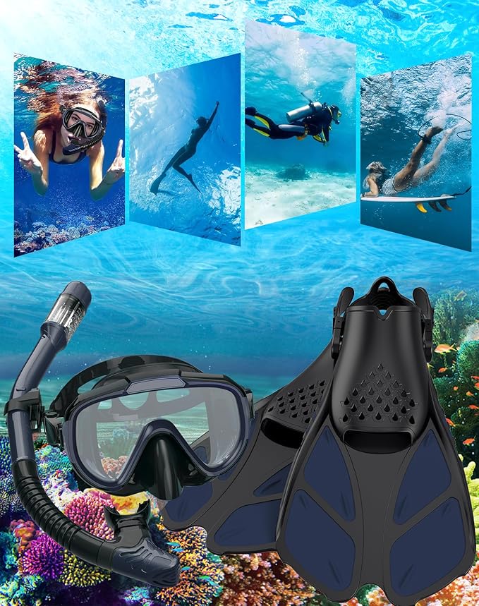 Ubekezele Snorkeling Gear for Adults Men Women,4 in 1 Snorkel Set with Panoramic View Diving Mask Anti-Fog Anti-Leak,Dry Top Snorkel,Fins and Travel Bag for Swimming,Snorkeling and Travel Diving
