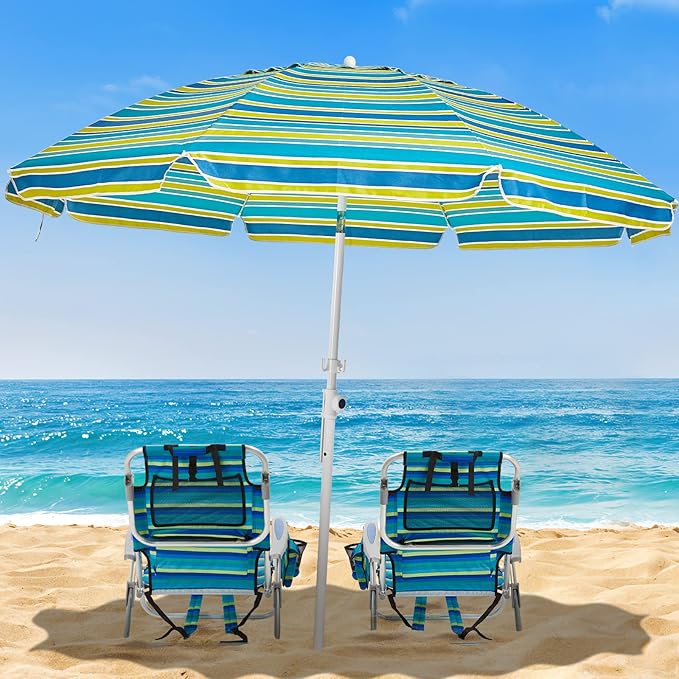 2 Pack Lightweight Portable Camping Beach Chair for Adults, Outdoor Lay Flat Folding Beach Chairs with 5 Positions, Backpack Beach Chair with Towel Bar, Zipper Pouch, Cup Holder, Ocean Striped