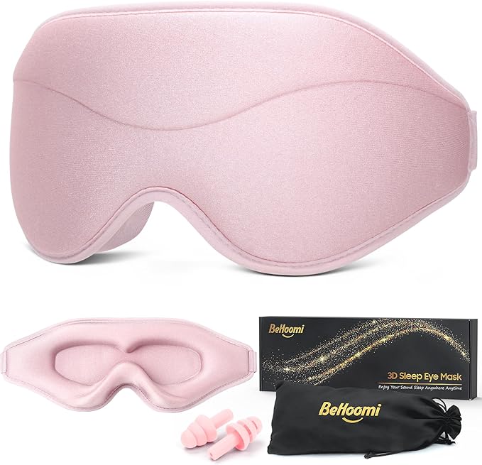 BeHoomi Sleep Mask, Premium Eye Mask for Sleeping, Total Blackout, Super Soft Comfort, Adjustable Fit, Upgraded 3D Ergonomic Designed Sleeping Mask for Home, Office, Travel, Meditation, Yoga, Pink