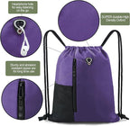 BeeGreen Dark Purple Drawstring Backpack Gym Bag For Men & Women – Sports Sackpack with Mesh Water Bottle Holder & 2 Zippered Pockets – Large 16x20 Inch Cinch String Backpack