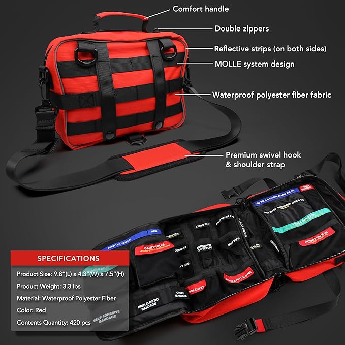430 Piece First Aid Kit, Well-Organized Premium Waterproof Compact Trauma Medical Kits for Any Emergencies, Ideal for Home, Office, Car, Travel, Outdoor, Camping, Hiking, Boating (Red)