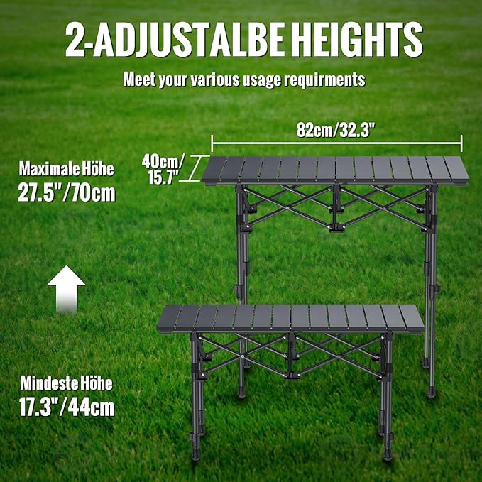 GARLLEN Folding Camping Table, 2-Height Adjustable Portable Roll-up Camping Table with Storage Net, Lightweight Aluminum Picnic Table with Carrying Bag for Cooking, BBQ, Outdoor, 32.2" L x 15.7" W