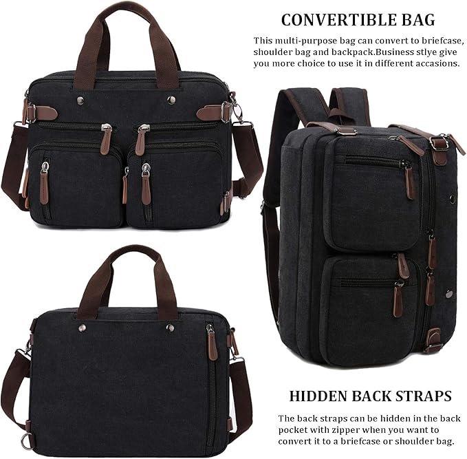 CROCOD 3 In 1 Canvas Convertible Laptop Bag for Men Women, 17.3 inch Laptop Messenger Bag Work Briefcase, Computer Shoulder Bag for Travel Business Office (17.3 Inch, Black) | 3 In 1, Multi-pocket