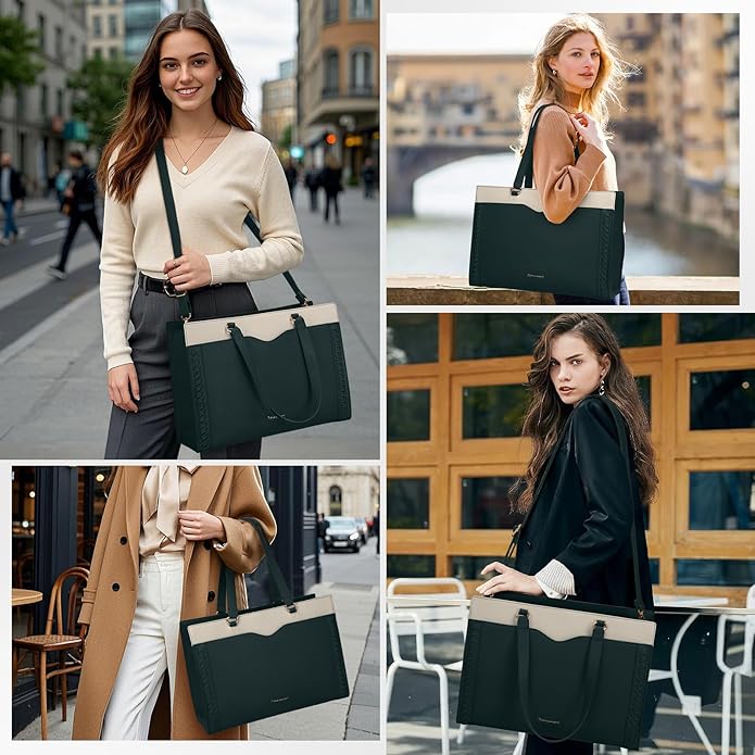 RAINSMORE Laptop Bag for Women 15.6 Inch Work Tote Bag with Detachable Strap & Bow Professional Laptop Tote with Cup Holder