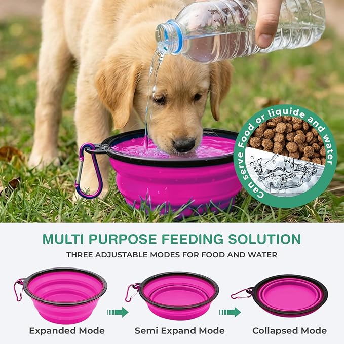 Collapsible Dog Bowls for Travel, Portable Dog Water Bowl & Food Bowl for Dogs and Cats, Foldable Pet Feeding Dish for Walking Hiking Camping with Carabiner, BPA Free, Purple
