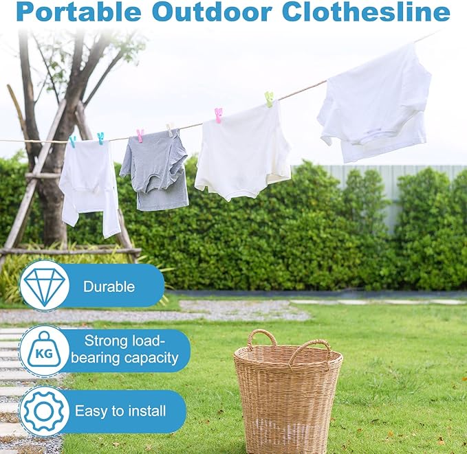 uxcell 2 Pcs Portable Travel Clothesline, 16.4ft Clothes Line Outdoors Travel Hanger Foldable Clothesline Rope with Hooks for Camping Hotel Backyard Home Cruise Ship, Beige