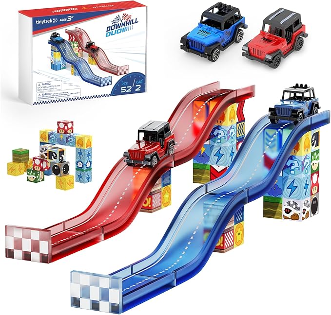 Magnetic Tiles Race Track Set, 52PCS STEM Educational Magnetic Building Blocks with 2 Race Cars, Montessori Sensory Travel Toys for Kids 3 4 5 6 7 8, Birthday for Boys & Girls
