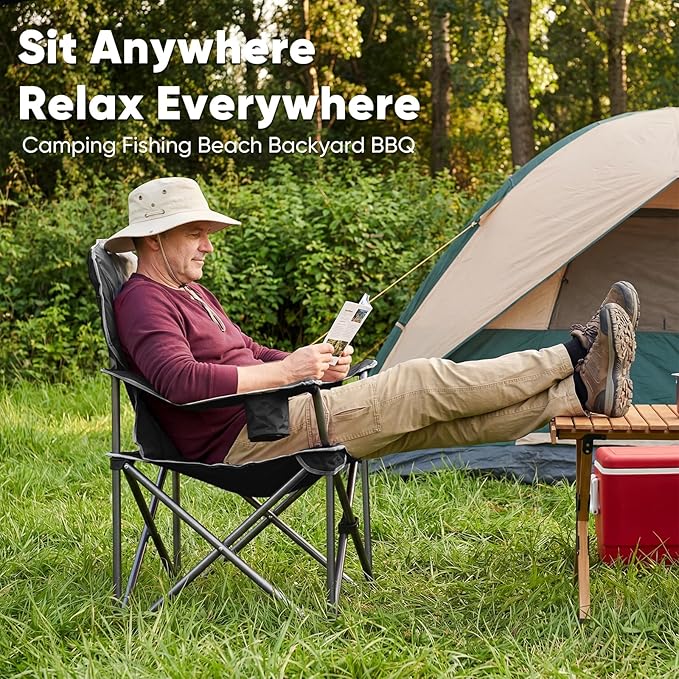 NEWBULIG Oversized Folding Camping Chair for Adults, Portable Outdoor Collapsible Chairs, 500 LBS Heavy Duty Support, with Cup Holders, for Lawn, Fishing, Hiking, Black