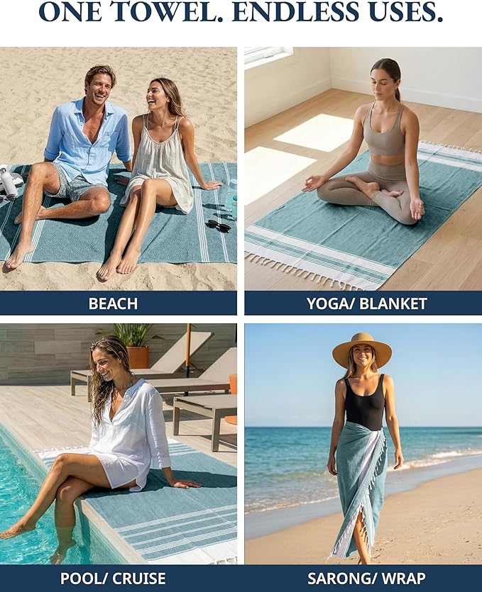 LANE LINEN Turkish Beach Towels, 2 Pack Extra Large Beach Towel, Pre-Washed for Soft Feel, Oversized Sand Free Quick-Dry Pool Towel, Beach Towels for Adults, 39"x71" - Baltic