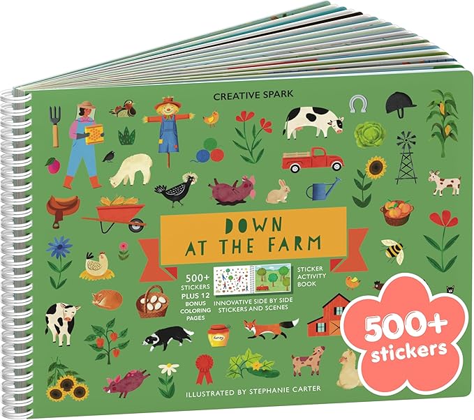 Farm Animal 500+ Kids Sticker Book by Cupkin Toddler Airplane Travel Activity Coloring and Sticker Book, Road Trip Essentials, 12 Coloring Pages 12 Scenes for Ages 2–8 Years