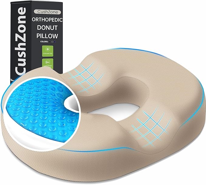 Donut Pillow Seat Cushion - Cooling Gel Donut Chair Cushions, Memory Foam Seat Cushion for Office & Home, Car Seat Cushion and Butt Pillow, Hemorrhoids Pillow and Tailbone Pain Relief, Khaki