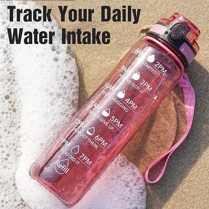 OLDLEY Water Bottle, 32oz Motivational Sports Water Bottle with Time Marker - Times to Drink - Tritan, BPA Free, Wide Mouth Leakproof,Anniversary Birthday Gifts for Men Women, Clear Red