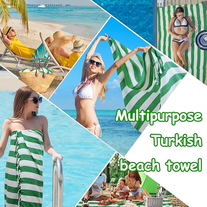 Set of 6 Turkish Beach Towel, Cotton Beach Towels, 36 x 71 Inches Turkish Towel, Sand Free, Quick Dry, Lightweight Beach Towels for Adult Green