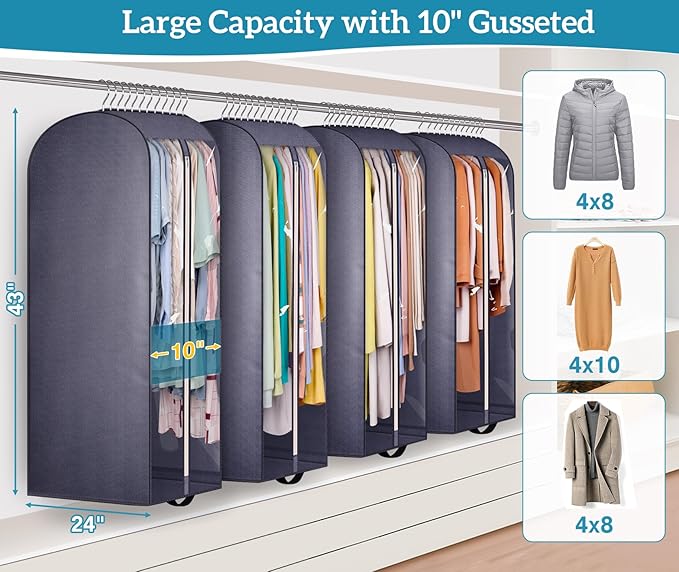 KIMBORA 10" Gusseted Clear Garment Bags for Hanging Clothes Storage, 43" Suit Bags for Closet Storage with Handles, Garment Covers for Coats, Jackets, Sweaters (4 Packs, Grey)