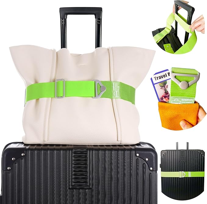 SOWPOPY Travel Belt for Luggage, Add a Bag Luggage Straps Suitcase Travel Belt Over Handle for Carry On Bag, Adjustable 2-in-1 Elastic Luggage Belt Bag Bungee Travel Essential Accessories