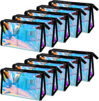 BESARME 10 Pcs Holographic Makeup Bags Bulk, Clear Portable Zippered Toiletry Bag Waterproof Cosmetic Bags SPA Bathroom Vacation Party Favors Bachelorette Gifts