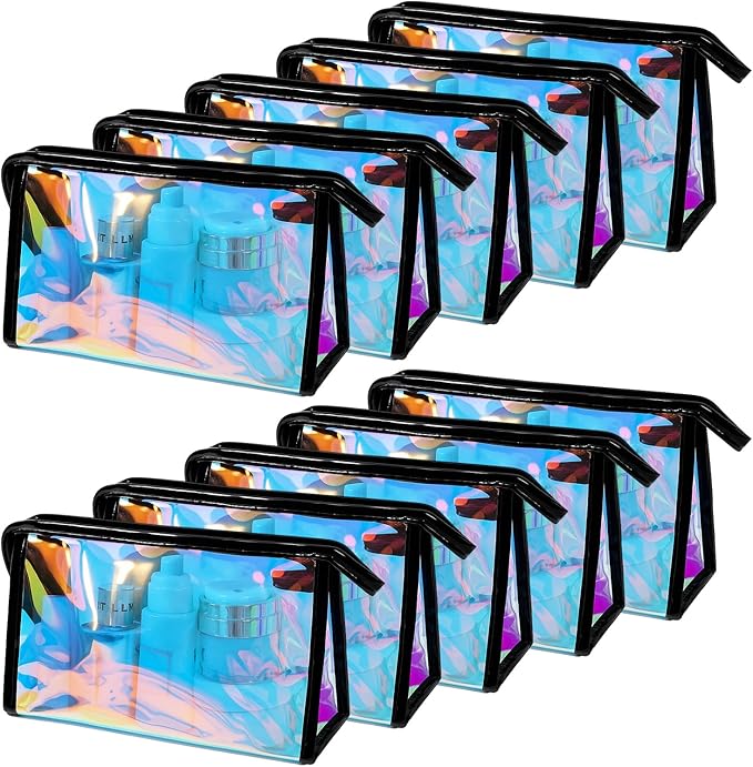 BESARME 10 Pcs Holographic Makeup Bags Bulk, Clear Portable Zippered Toiletry Bag Waterproof Cosmetic Bags SPA Bathroom Vacation Party Favors Bachelorette Gifts