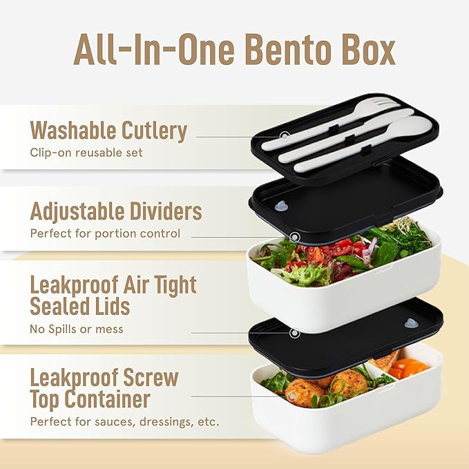 KARRICO Double Premium Bento Box Adult, 67 fl oz BPA-Free - Cream Stackable Lunch Box with Leak-Proof Lids & Dividers, Perfect for Meal Prep, Lunches & Portion Control