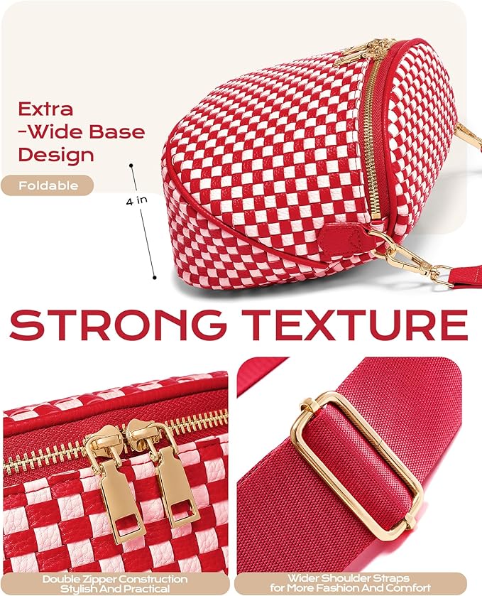 Trendy Woven Checkered Crossbody Bum Bag for Women，PU Leather Checkered Purse Fanny Packs Belt Bag (Woven Bum Bag - Red White)