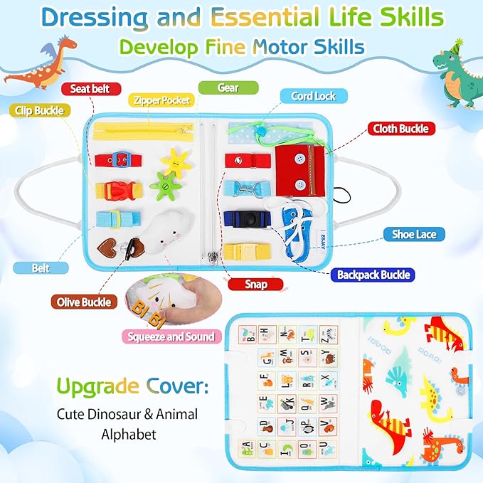 Esjay Toddler Busy Board Montessori Toys for Boys Girls, Sensory Book Educational Activities for Learning Fine Motor Skills, Birthday Gifts for Toddlers, Travel Toys for Airplane Car, White Dinosaur