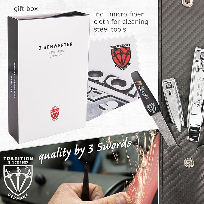 3 Swords Germany - Brand Quality 4 piece Manicure Pedicure Grooming kit Set Tweezers File Clipper Fashion Leather case in Gift Box, Made by 3 Swords