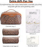 BOYATU Travel Makeup Bag for Women: 3 Pcs Set Portable Make up Bags with Handle - Leopard Print Cosmetic Bags with Comparments - Waterproof Vegan Leather Toiletry Bag (A-1-Brown)