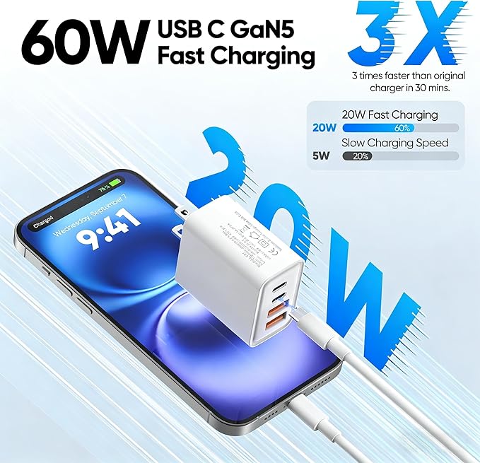 2 Pack USB C Charger Block 60W, 4-Port GaN5 Super Fast Phone Charger, Type C Charging Block PD 20W & QC 20W with 6.6FT USB C Cable for iPhone17 Air/17/16/15Pro Max Samsung Galaxy S24
