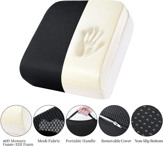 MABOZOO Extra Thick Chair Cushions,Office Chair Booster Seat Cushion to Raise Seat Height for Pain Relief, Non Slip Memory Foam Thick Cushion with Carry Handle (Black, 18 * 14 * 6)