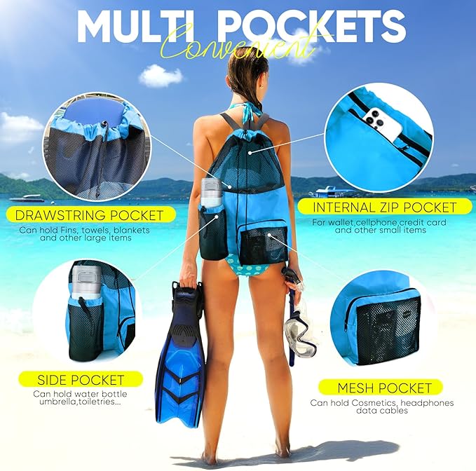 HOHOM Swim Mesh Beach Bag, Waterproof Gym Bags for Women and Men, Large Pool Bag Swimming Gear Drawstring Backpack