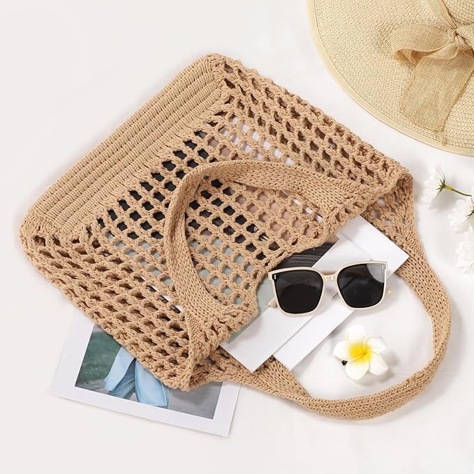 WantGor Crochet Bags, Beach Mesh Tote Bag Womens Shoulder Shopping Handbag Casual Travel Totes Bag Foldable Hobo Bags