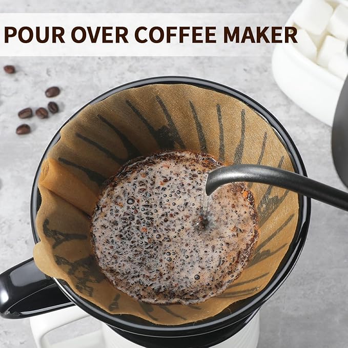 Mongdio Ceramic Pour Over Coffee Dripper, Reusable Porcelain Portable Pour Over Coffee Maker, Slow Brewing Accessories with 1 Holes for Home - Size 02 Black