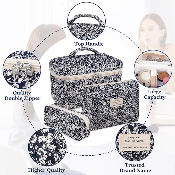 Gosect Makeup Bag Set, Quilted Makeup Bag, Large Floral Cosmetic Bag for Women, Cute Cotton Makeup Bags, Flower Travel Toiletry Organizer Bag (Black Rose Flower)